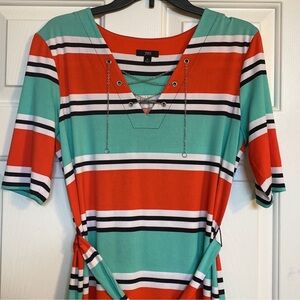 J.B.S. Blue and Orange Wrap Tie Front Midi Dress